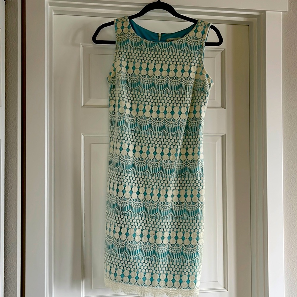 Eliza J sky blue and lace sheath dress
